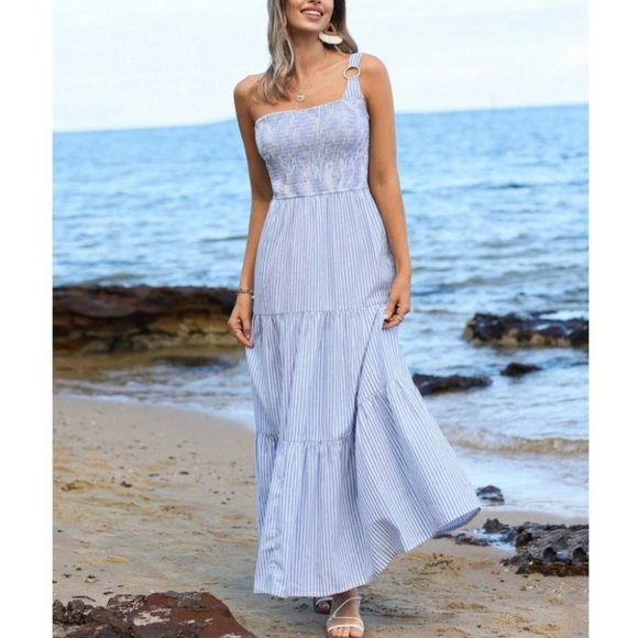 . Dresses & Skirts - One Shoulder O-ring Detail Shirred Ruffle Hem Striped Print Dress